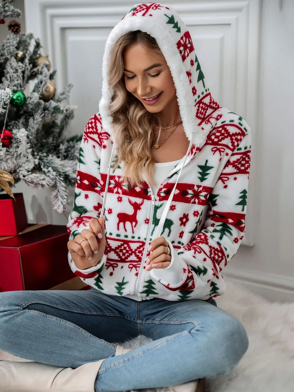 Festive Christmas Tree & Deer Zip-Up Hoodie | Drawstring Hooded Jacket eprolo