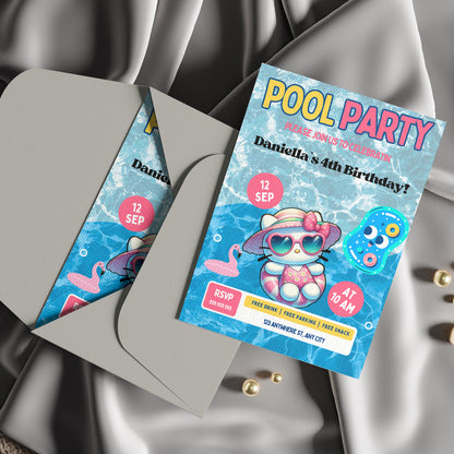 Kawaii Kitty Pool Birthday Party Invitation Template - CreativeRino