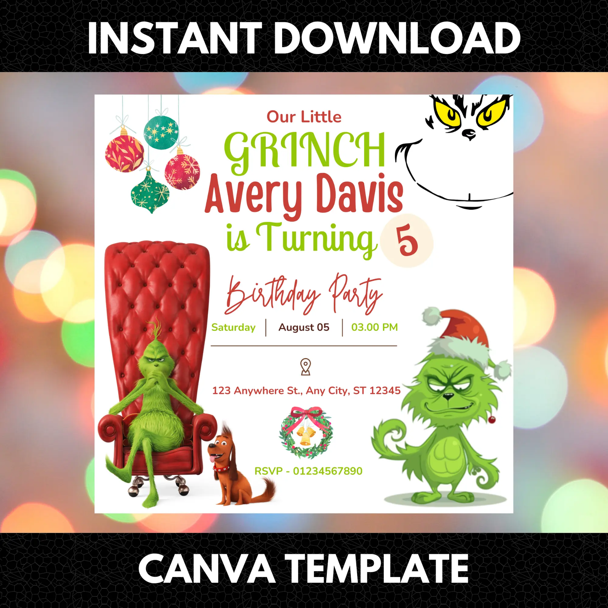 Baby Grinch Christmas Birthday Invitation Template - CreativeRino