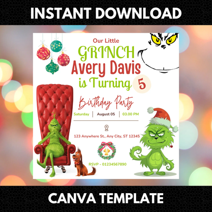 Baby Grinch Christmas Birthday Invitation Template - CreativeRino