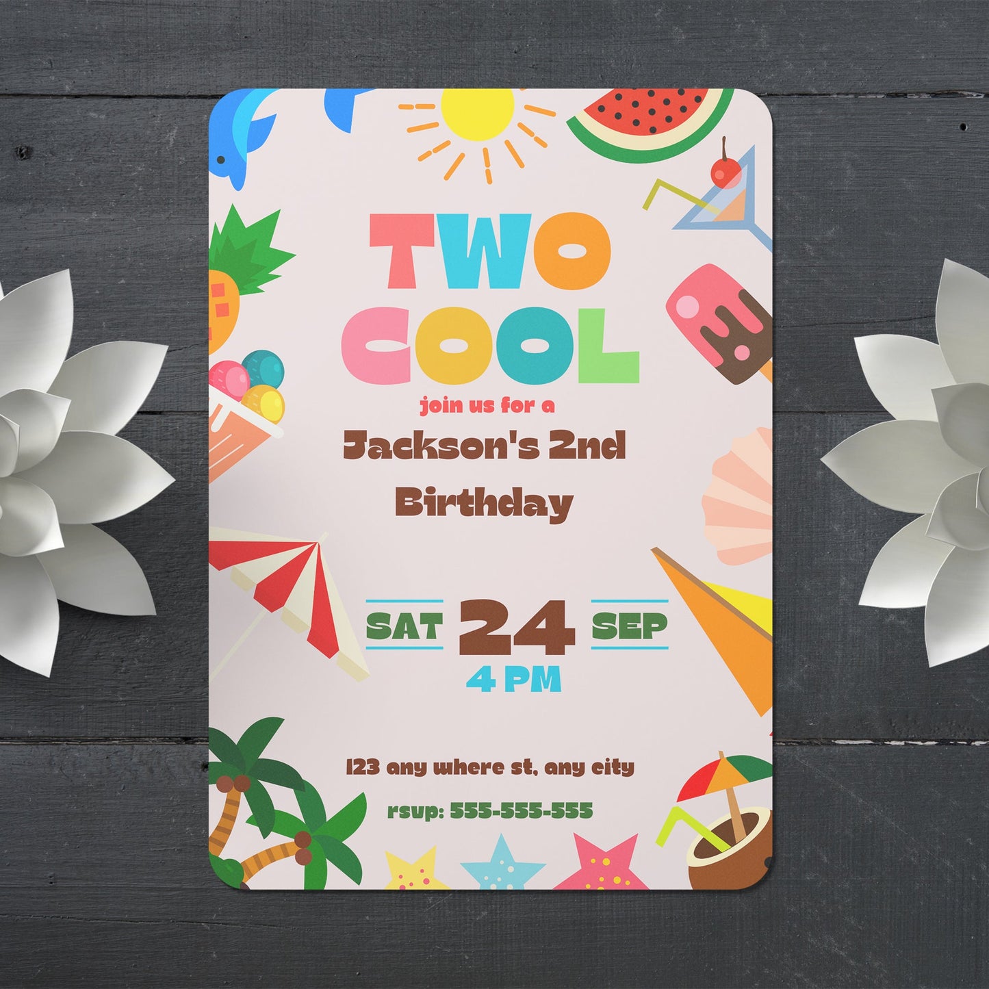 Two Cool Birthday Party Invitation | Two Cool Summer Invite Canva Template CreativeRino