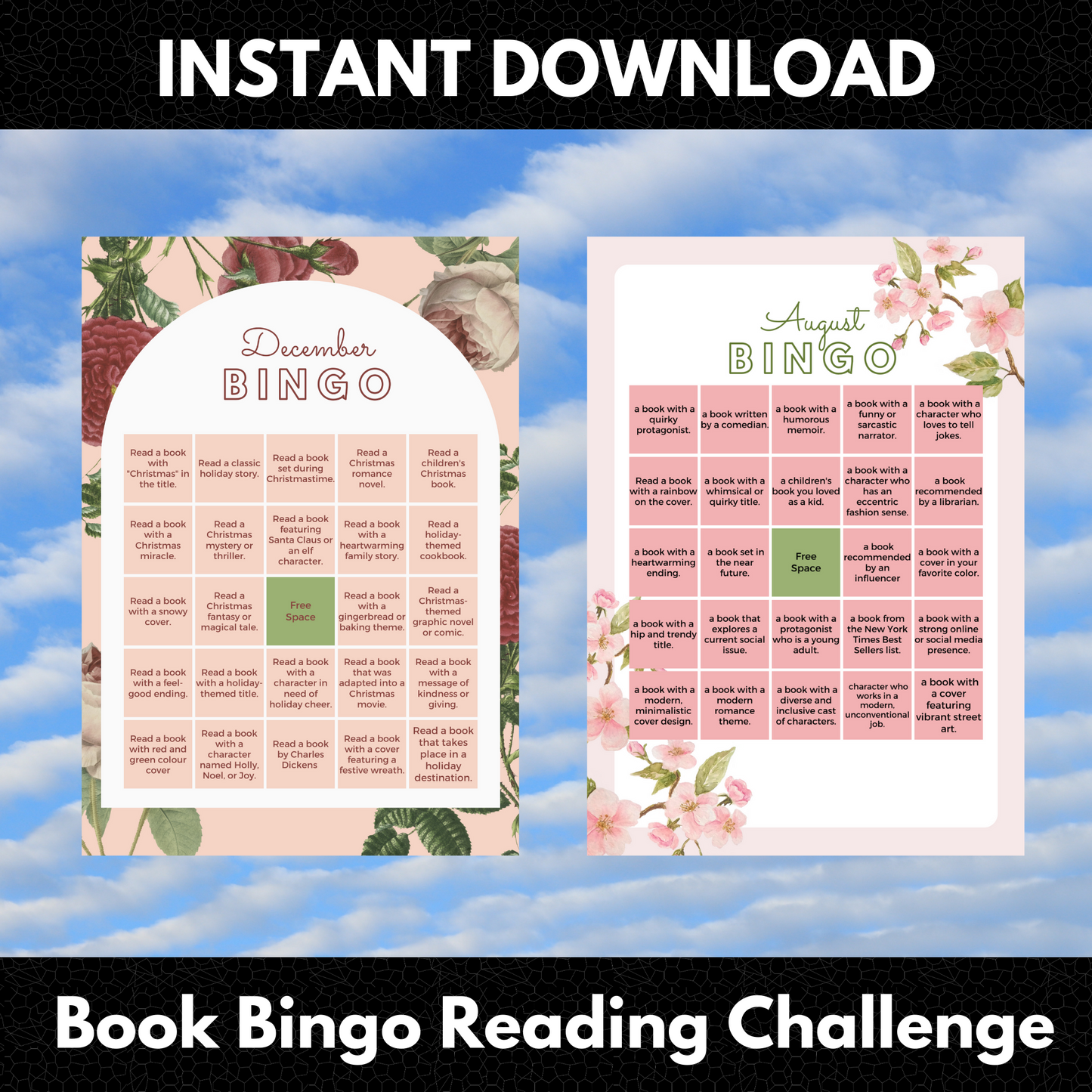 12 Month Book Bingo Reading Challenge Template | Monthly Reading Challenge