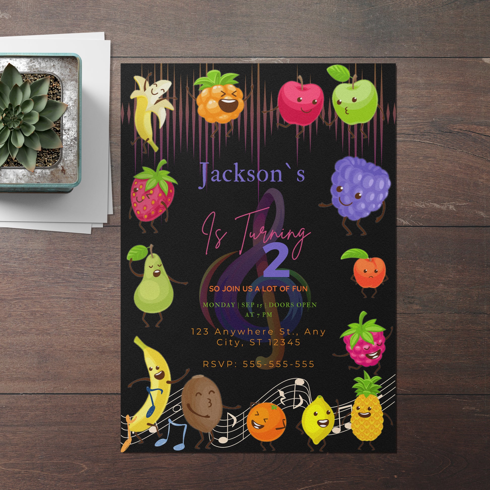Hey Bear Dancing Fruit Birthday Invitation Template - CreativeRino