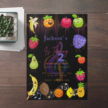 Hey Bear Dancing Fruit Birthday Invitation Template - CreativeRino