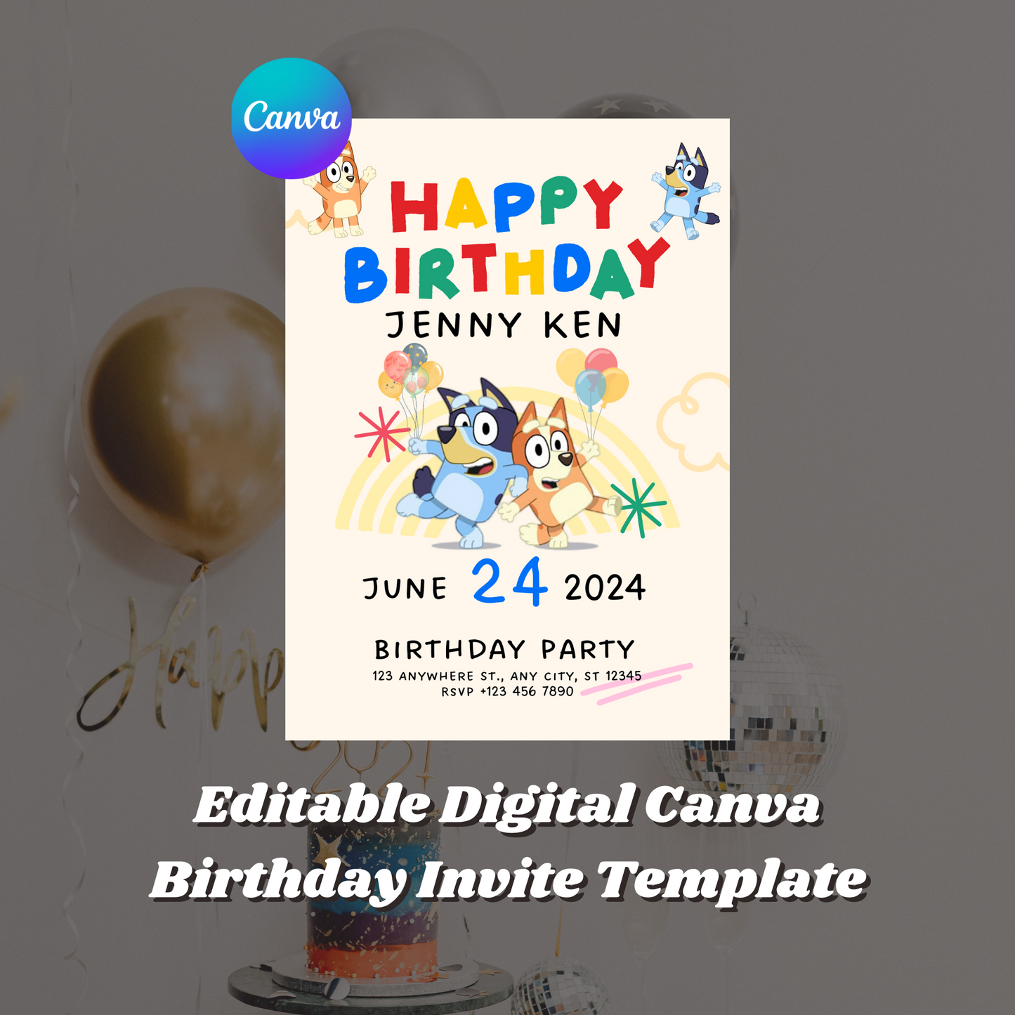 Bluey and Bingo Birthday Party Invitation Template