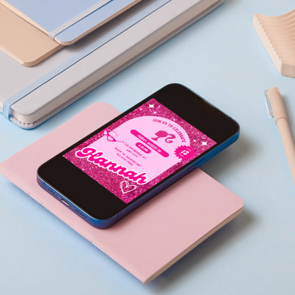 Hot Pink Doll Birthday Invitation Template - CreativeRino