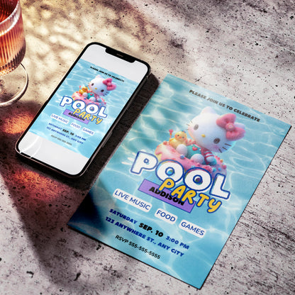 Kawaii Kitty Pool Birthday Party Invitation Template - CreativeRino