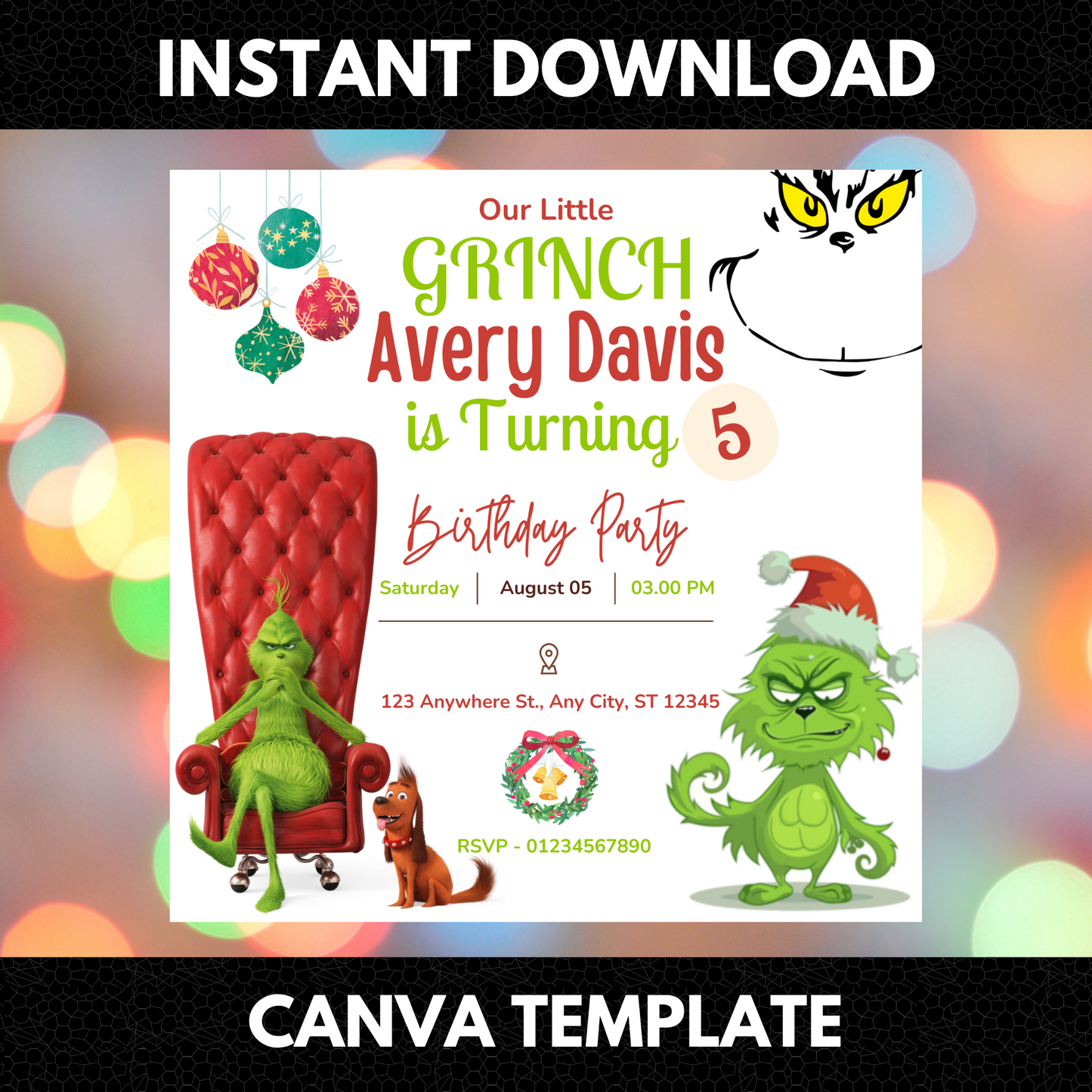 Baby Grinch Christmas Birthday Invitation Template