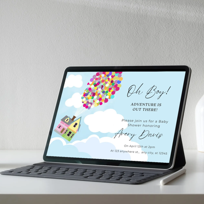 UP Baby Shower Invitation Template | Flying House and Balloons Invite - CreativeRino