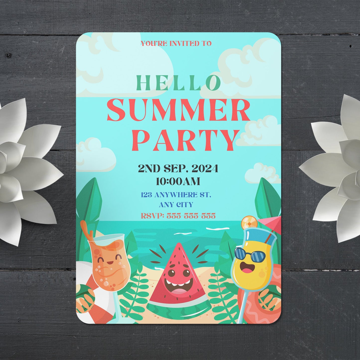 Hello Summer Party Invitation Canva Template | Hello Summer Theme Invite CreativeRino