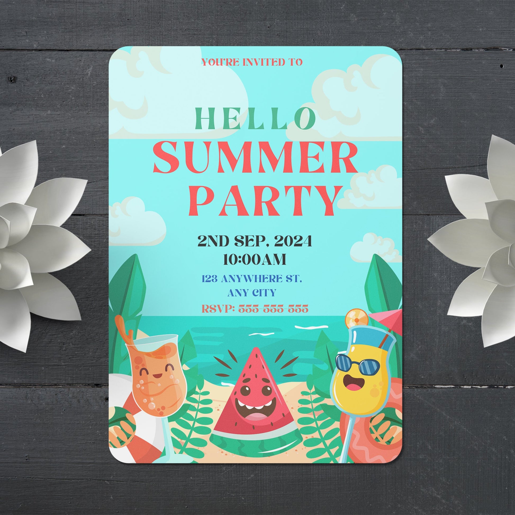 Hello Summer Party Invitation Canva Template | Hello Summer Theme Invite CreativeRino