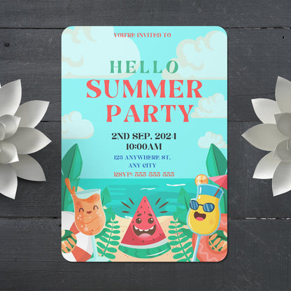 Hello Summer Party Invitation Canva Template | Hello Summer Theme Invite CreativeRino