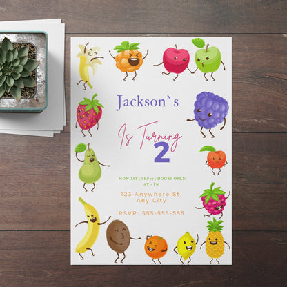 Hey Bear Dancing Fruit Birthday Invitation Template - CreativeRino