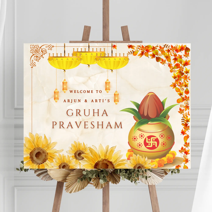 Gruhapravesham Welcome Sign Template | Indian Housewarming Welcome Sign - CreativeRino
