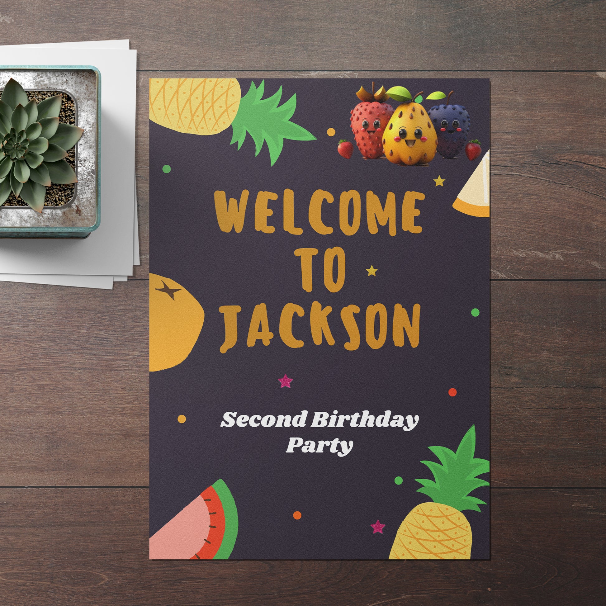 Hey Bear Dancing Fruit Birthday Welcome Sign Template - CreativeRino