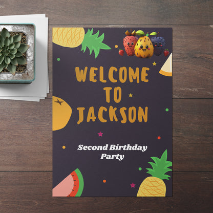 Hey Bear Dancing Fruit Birthday Welcome Sign Template - CreativeRino