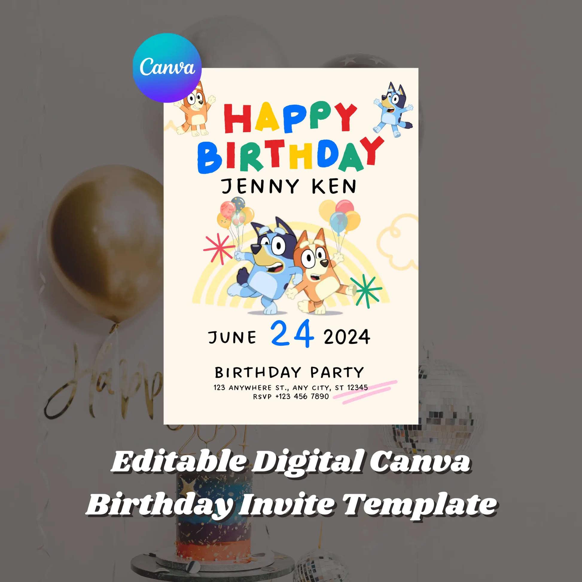 Bluey and Bingo Birthday Party Invitation Template - CreativeRino