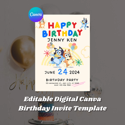 Bluey and Bingo Birthday Party Invitation Template - CreativeRino