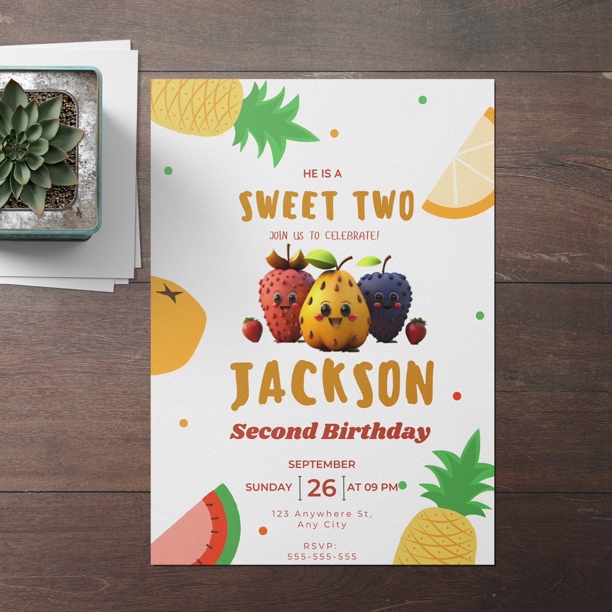 Hey Bear Dancing Fruit Birthday Invitation Template - CreativeRino