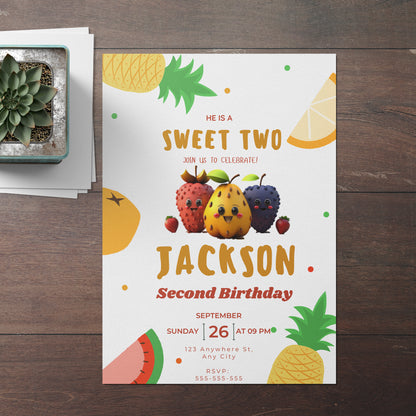 Hey Bear Dancing Fruit Birthday Invitation Template - CreativeRino