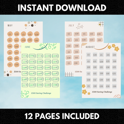 12 Month Saving Challenge Bundle | Pound Saving Challenge | Saving Money Challenge - CreativeRino
