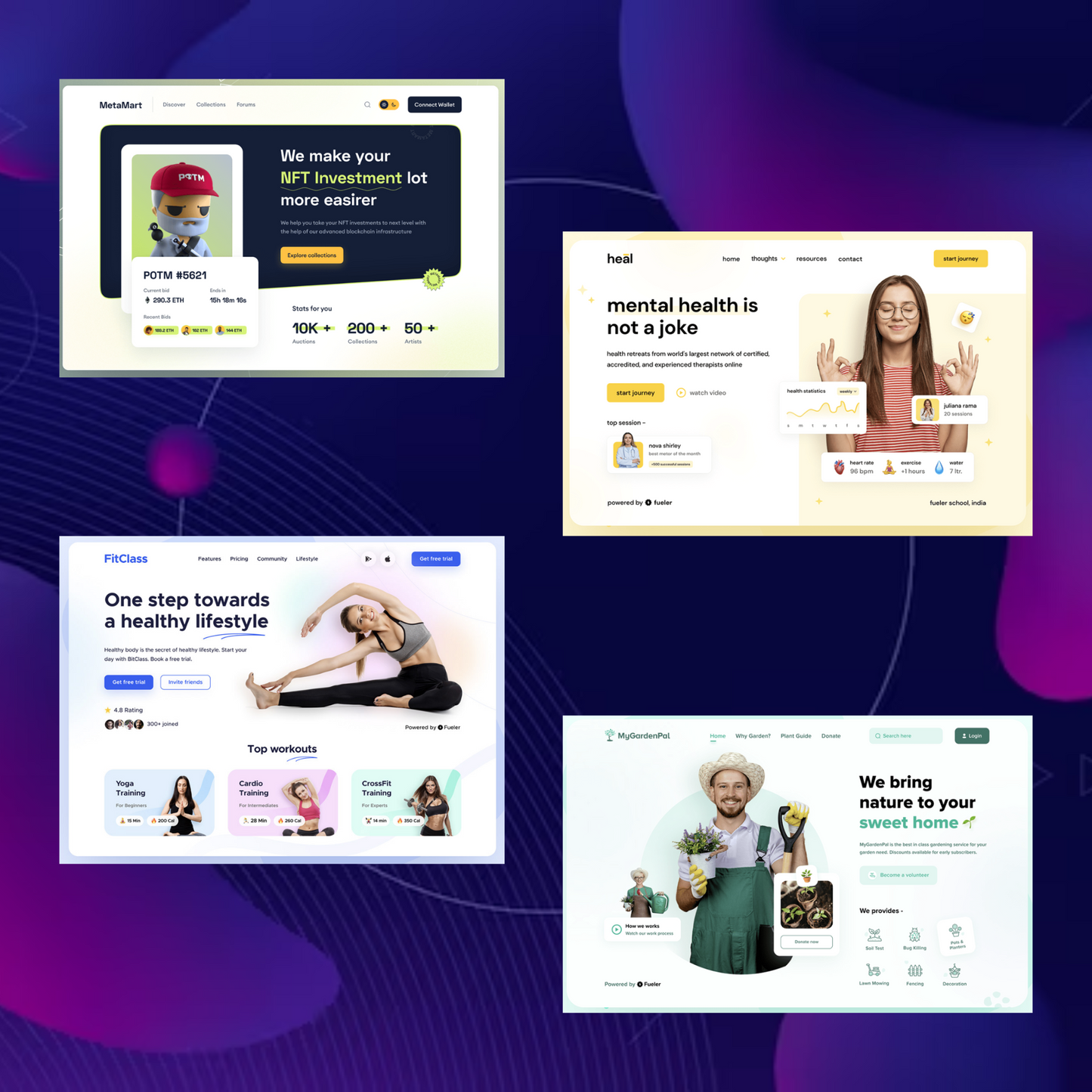 17 Figma UI Design Template Bundle | NFT Mental Health Online Classes Cleaner Mechanics Garden Store Figma Website Template