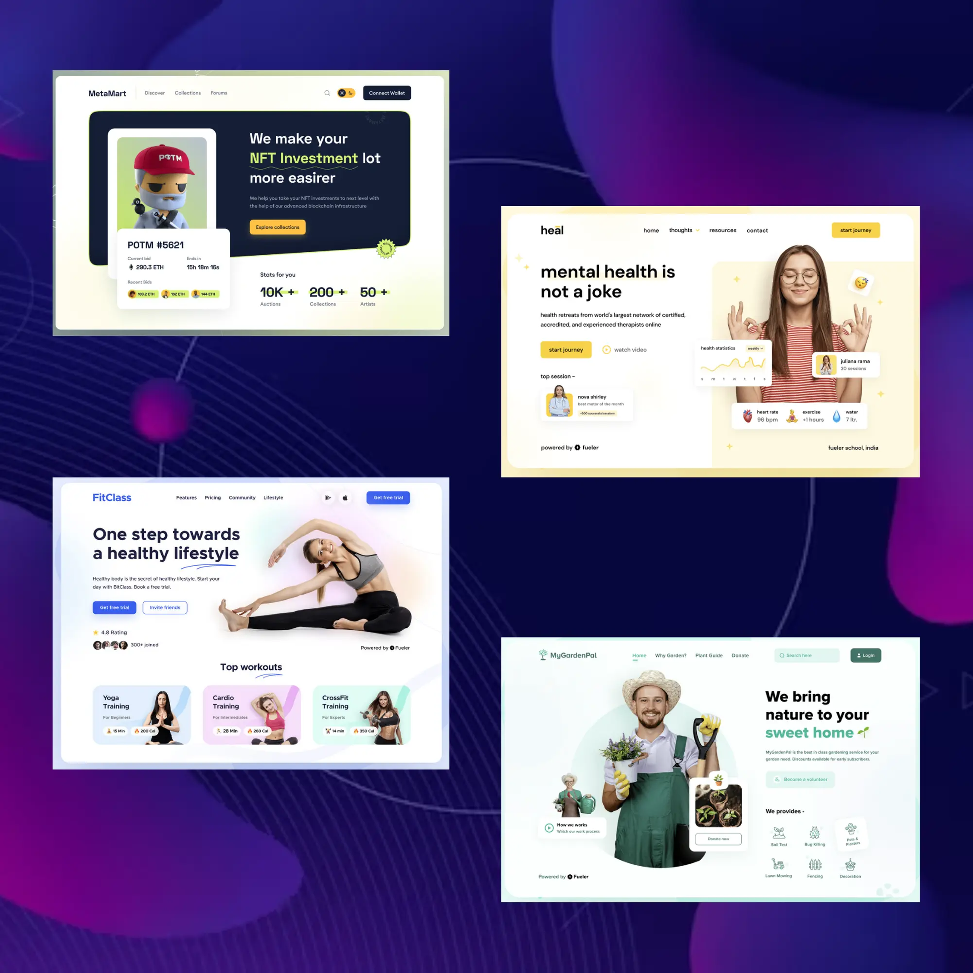 17 Figma UI Design Template Bundle | NFT Mental Health Online Classes Cleaner Mechanics Garden Store Figma Website Template CreativeRino
