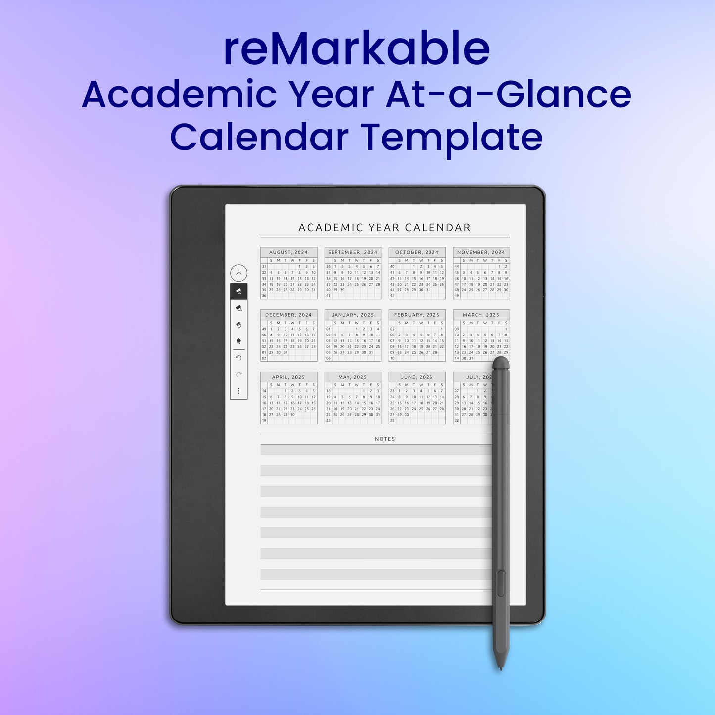 reMarkable 2 Academic Year At-a-Glance Calendar Template Planner Template