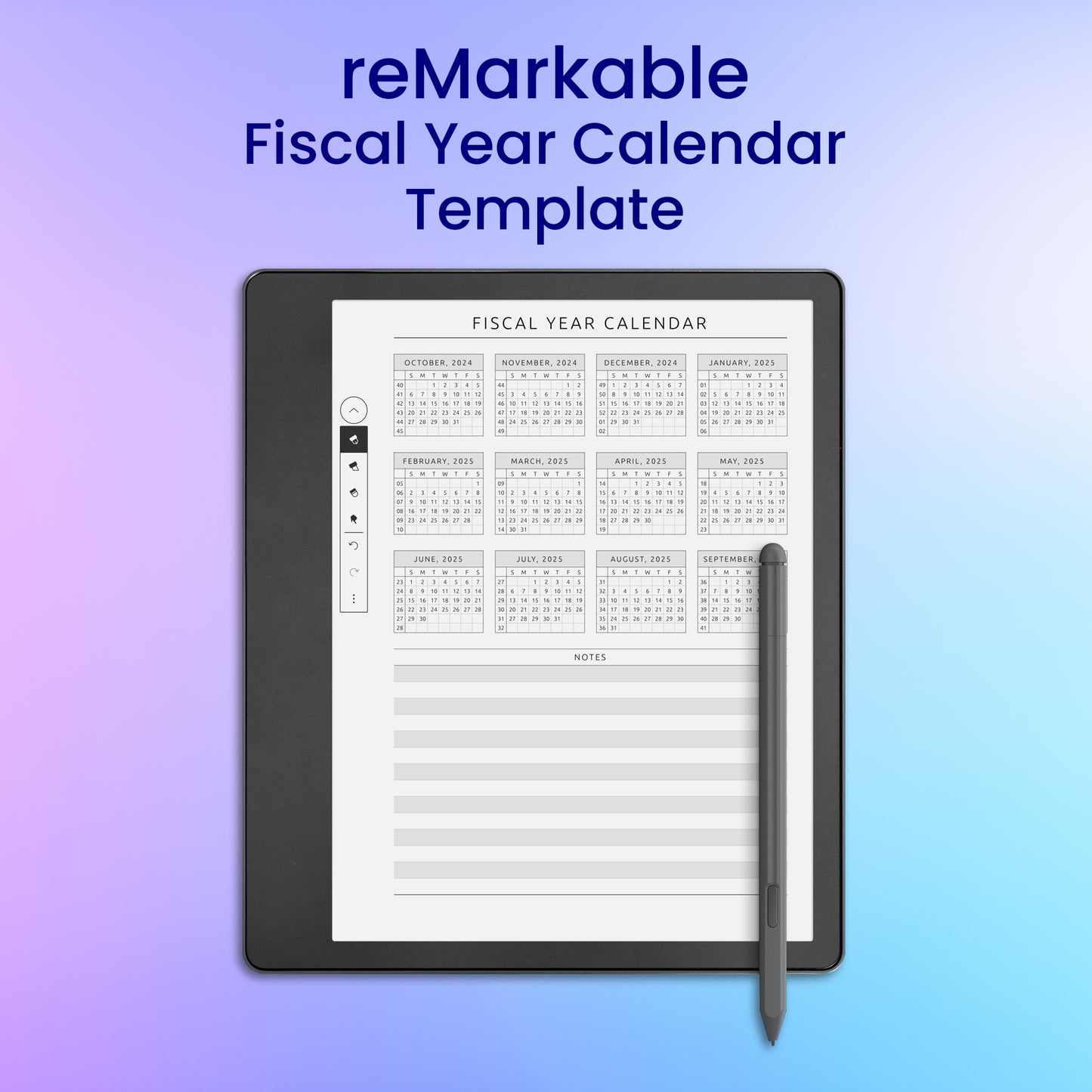 reMarkable 2 Fiscal Year Calendar Template Planner Template