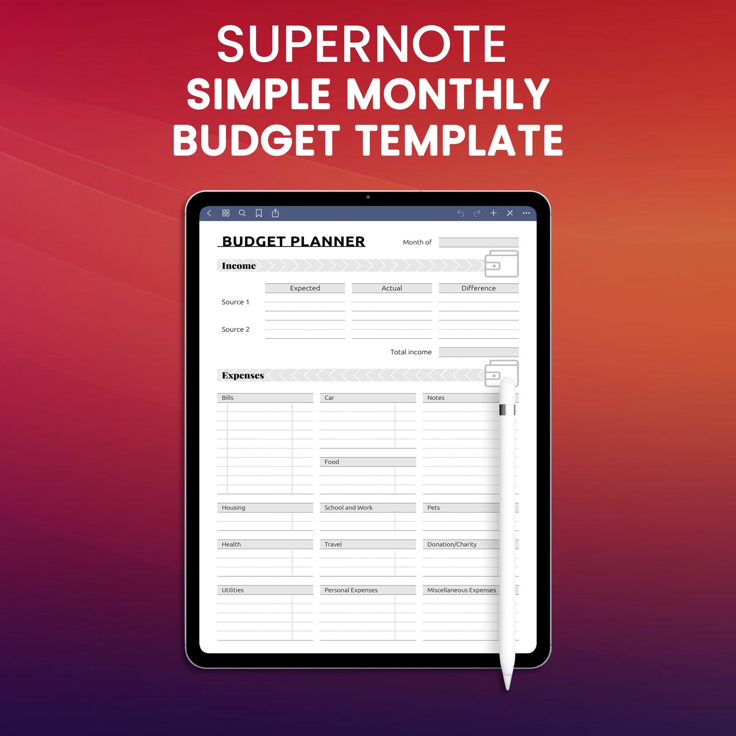 Supernote Simple Monthly Budget Template Planner Template