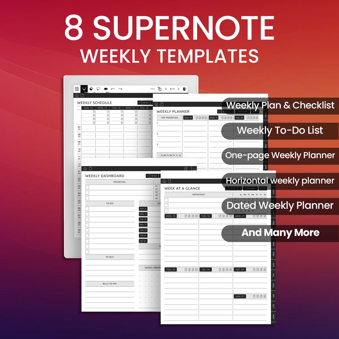 8 Supernote A6X Weekly Templates Planner Template Bundle