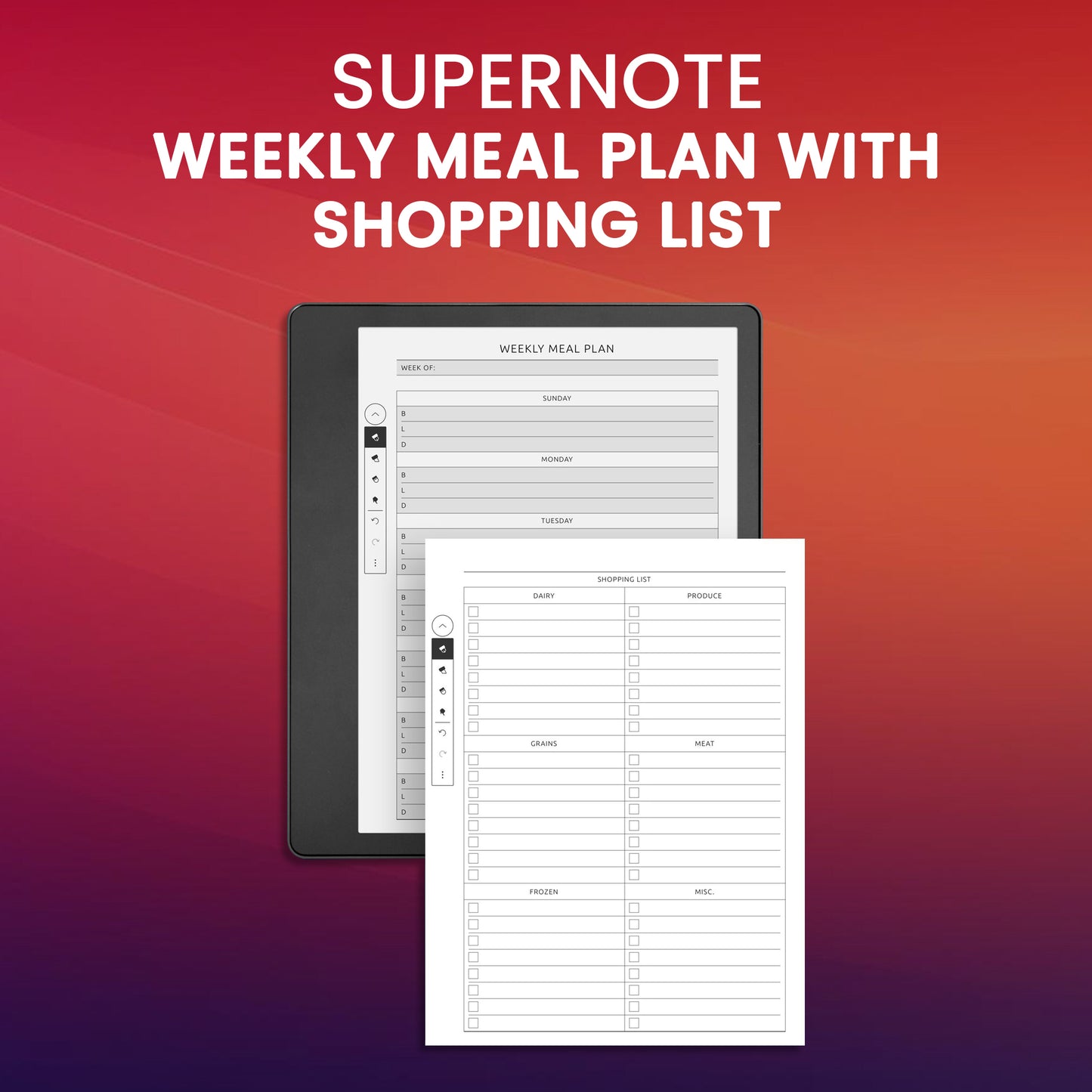 Supernote Weekly Meal Plan with Shopping List Planner Template