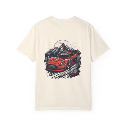 Adventure Awaits Unisex Garment-Dyed T-shirt - Red Sports Car Design - CreativeRino