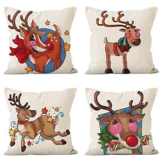 Festive Reindeer Print Linen Pillow Cover | Christmas Holiday Sofa Decoration eprolo