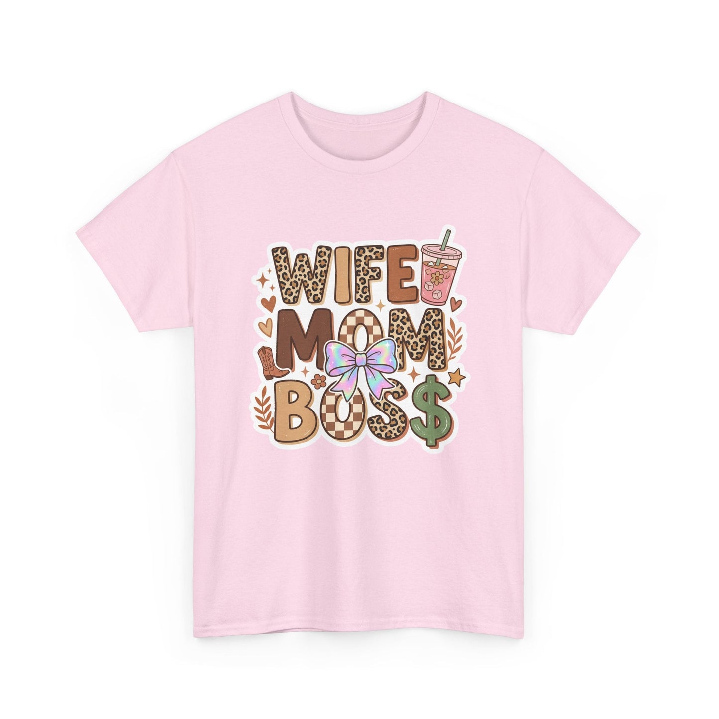 Wife Mom Boss Leopard Graphic Tee – Cute Mom Life Shirt with Bow & Coffee Printify
