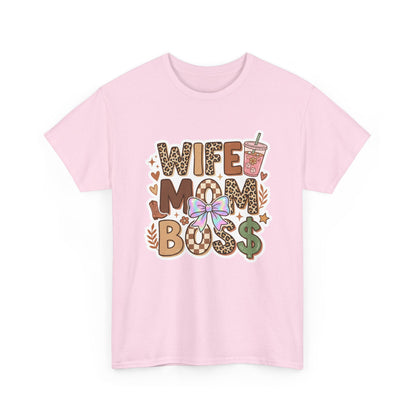Wife Mom Boss Leopard Graphic Tee – Cute Mom Life Shirt with Bow & Coffee Printify