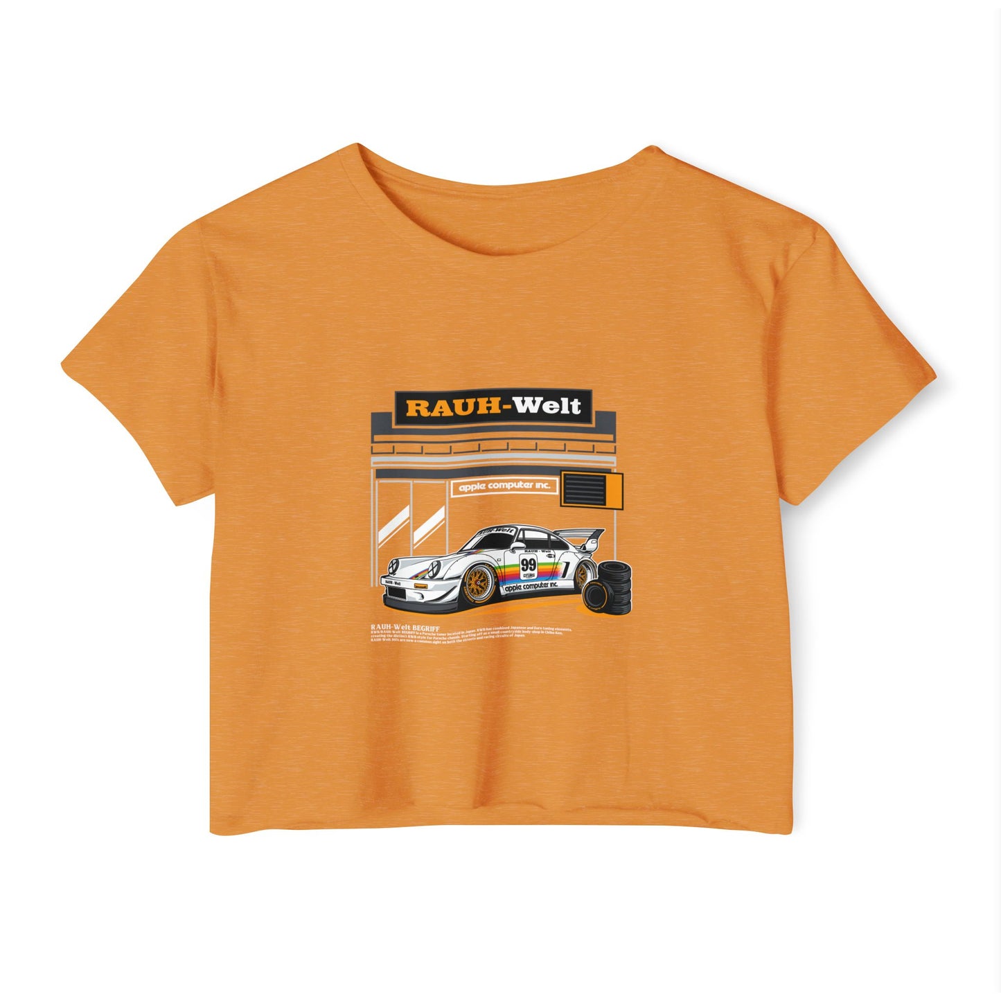 Rauh-Welt Women's Festival Crop Top - Stylish Orange Graphic T-shirt for Car Enthusiasts - CreativeRino