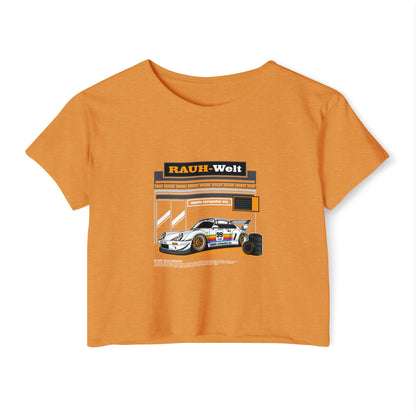 Rauh-Welt Women's Festival Crop Top - Stylish Orange Graphic T-shirt for Car Enthusiasts - CreativeRino