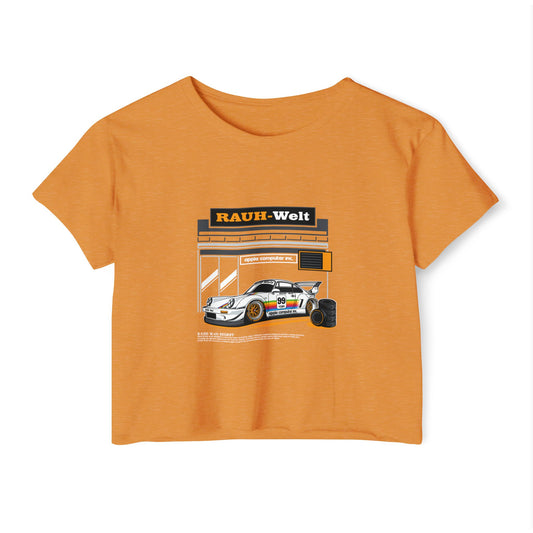 Rauh-Welt Women's Festival Crop Top - Stylish Orange Graphic T-shirt for Car Enthusiasts - CreativeRino