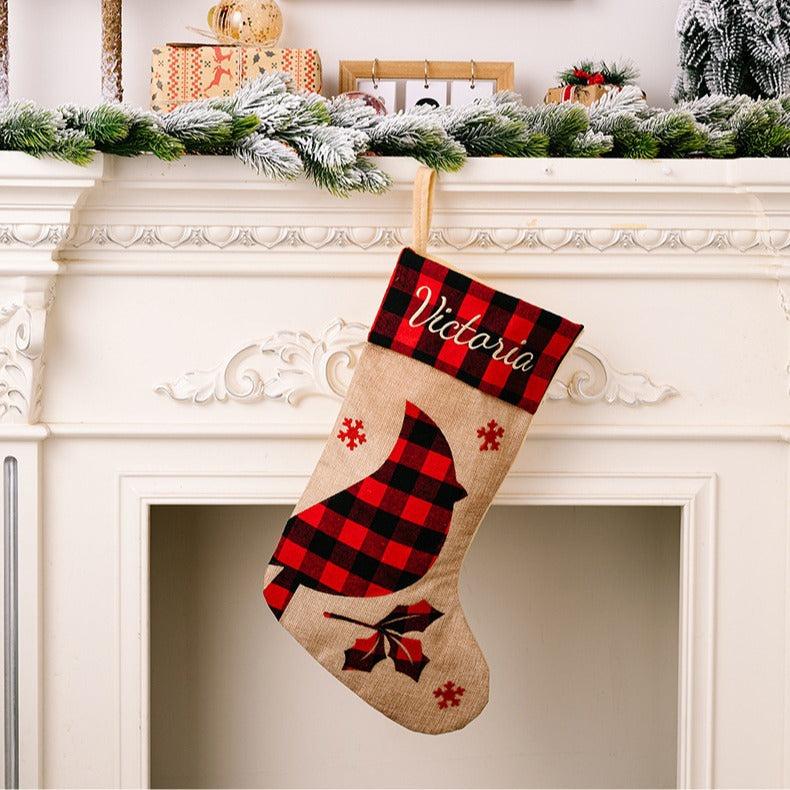 Rustic Buffalo Plaid Christmas Stocking | Red & Black Checkered Imitation Linen Embroidered Gift Bag eprolo