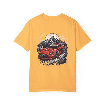 Adventure Awaits Unisex Garment-Dyed T-shirt - Red Sports Car Design - CreativeRino