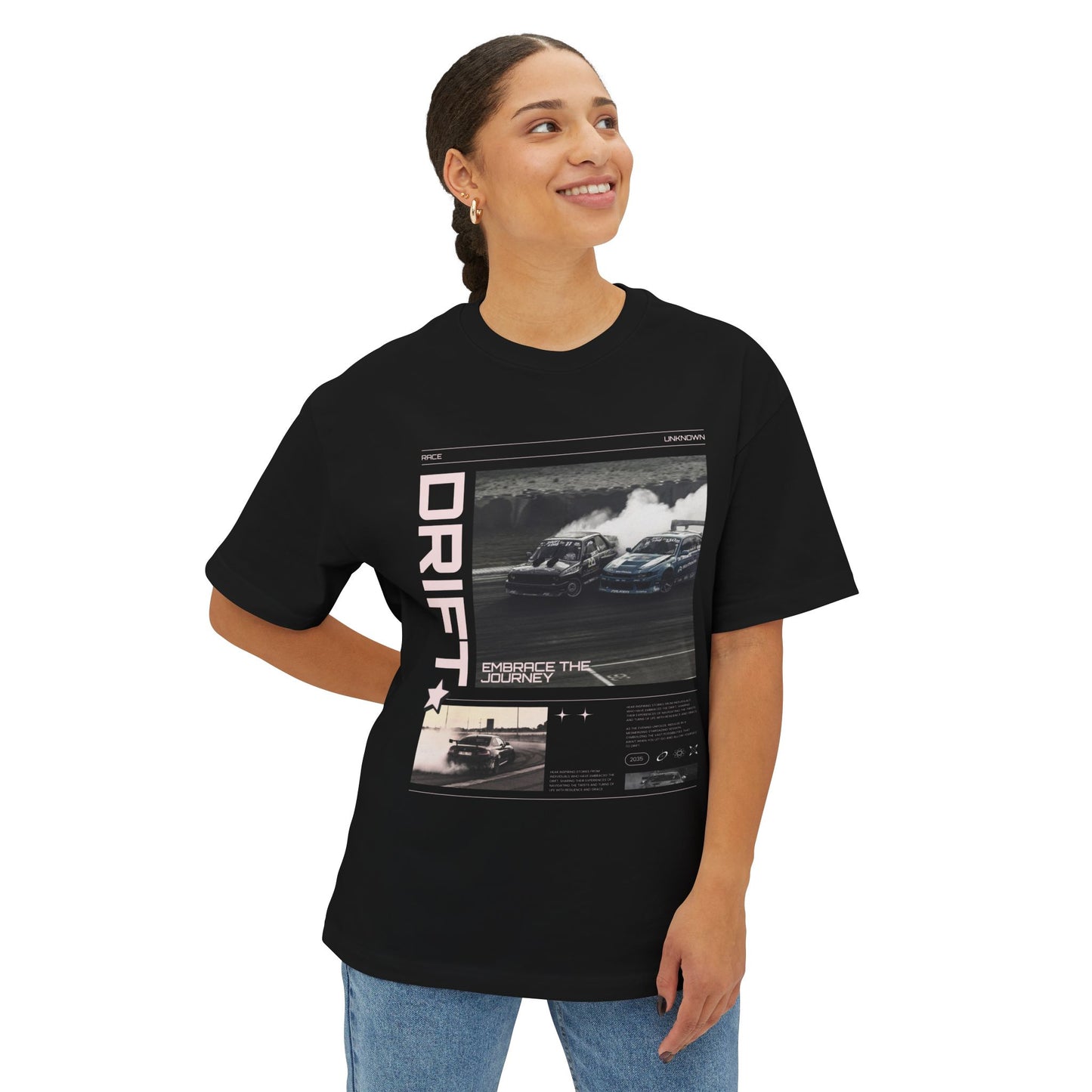 Unisex Oversized Boxy Tee - Drift Racing Graphic T-Shirt - Embrace the Journey - CreativeRino