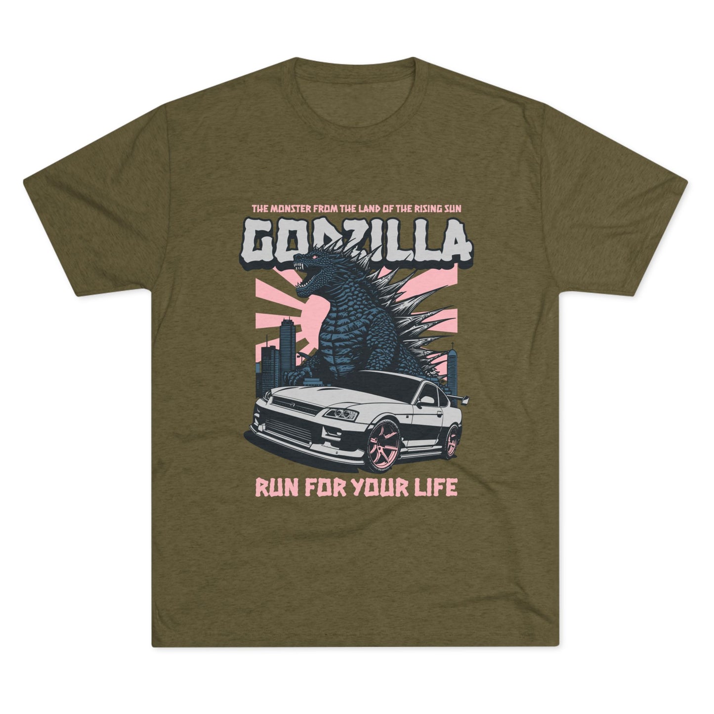 Godzilla Monster Unisex Tri-Blend Crew Tee - Run for Your Life Car T-shirt - CreativeRino