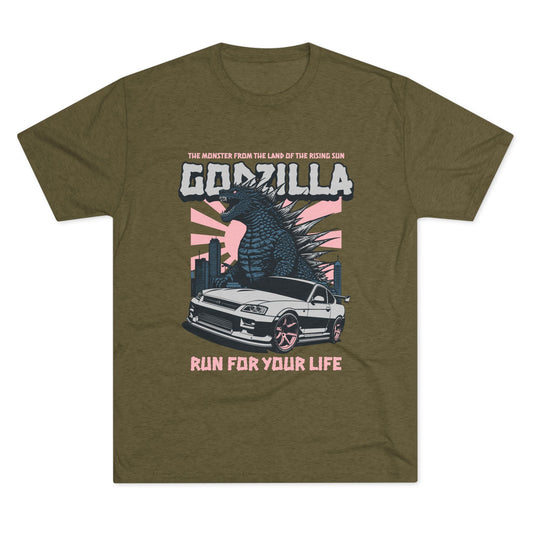 Godzilla Monster Unisex Tri-Blend Crew Tee - Run for Your Life Car T-shirt - CreativeRino