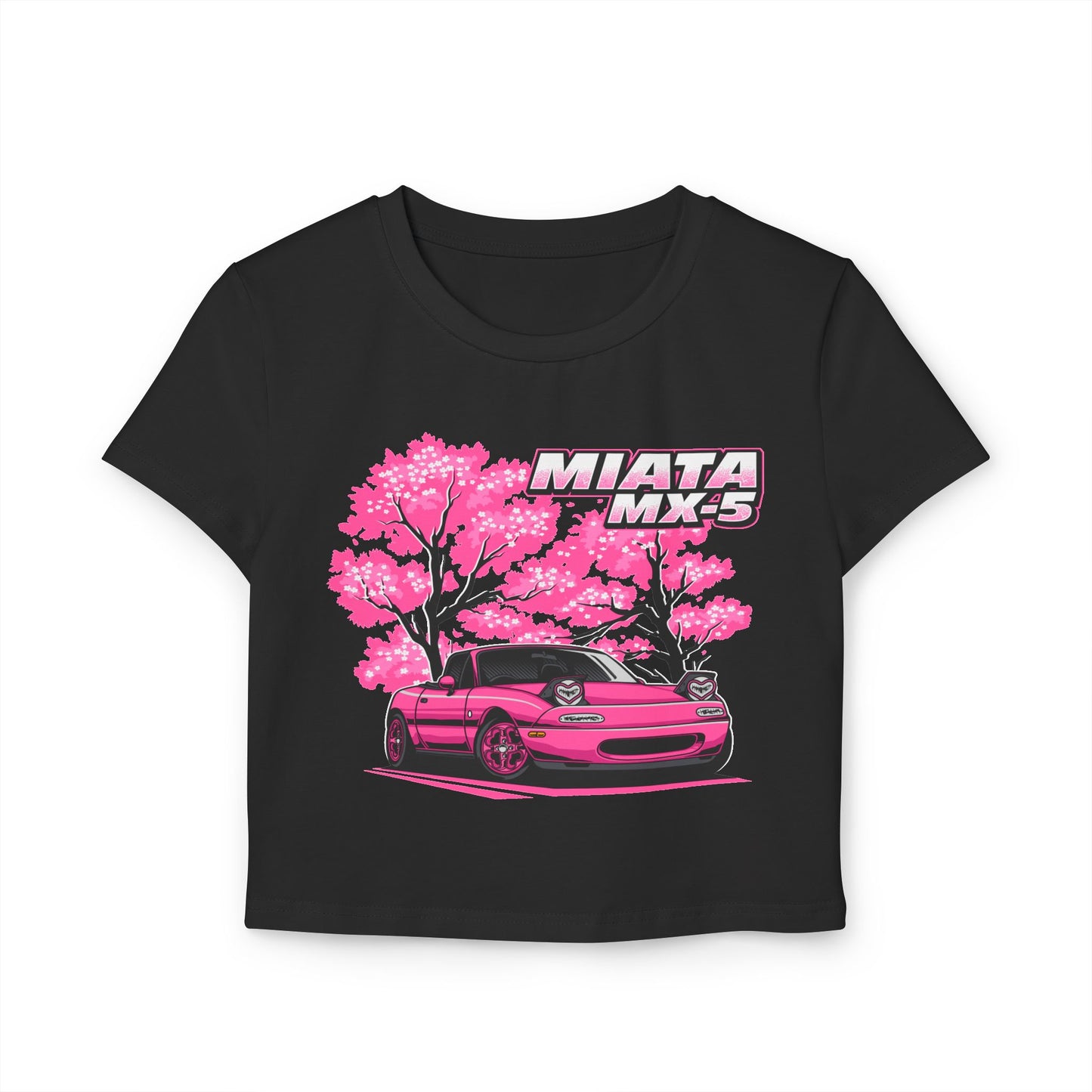 Women's Miata MX-5 Baby Tee | Pink Cherry Blossom Design | Car Enthusiast Shirt - CreativeRino