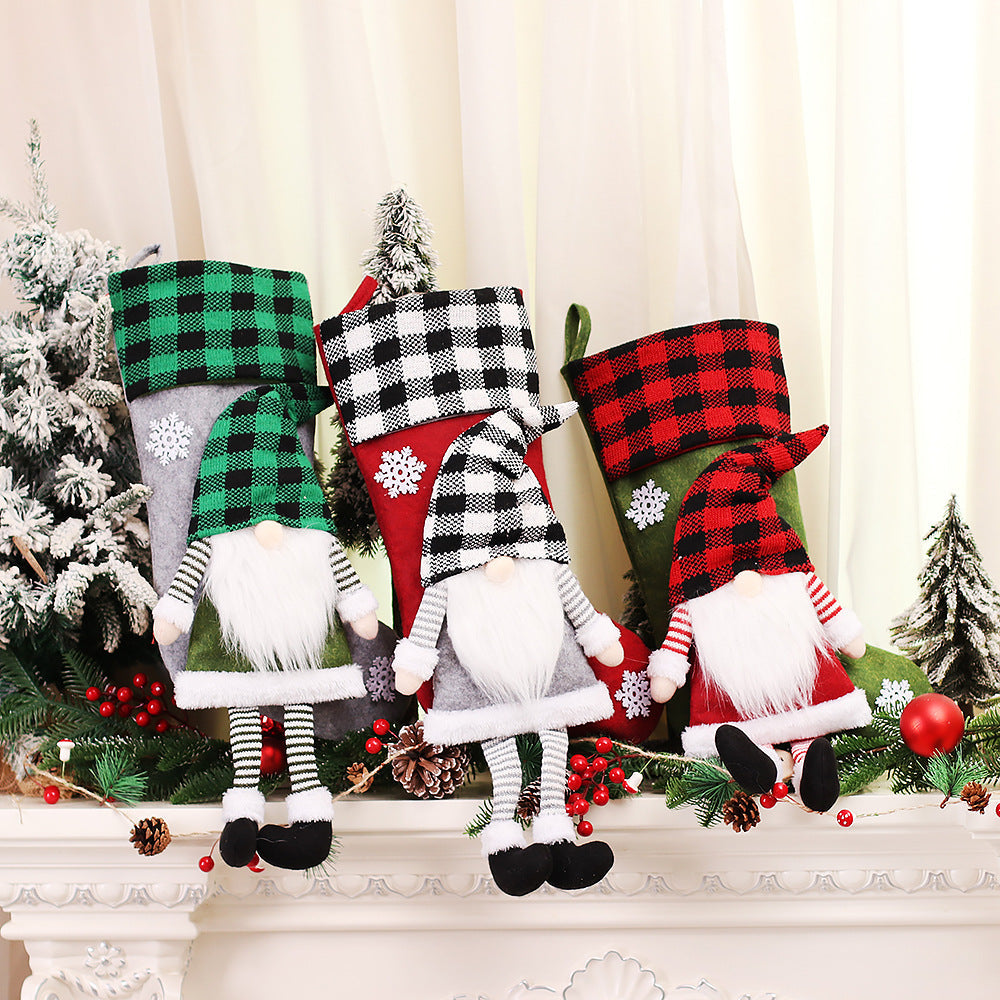 Faceless Forester Christmas Stocking | Red Plaid Dwarf Gnome Hanging Doll & Candy Gift Bag Decoration eprolo