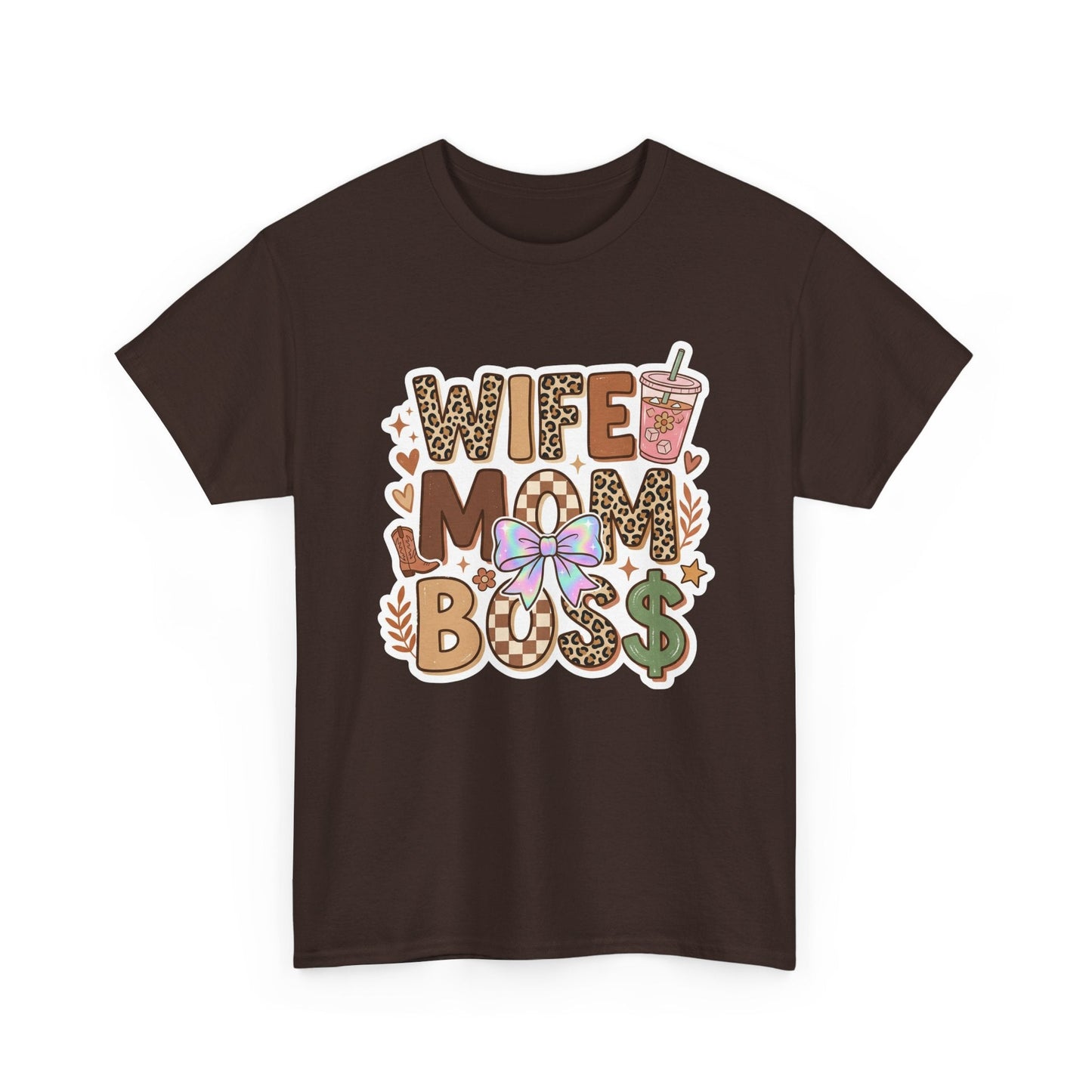 Wife Mom Boss Leopard Graphic Tee – Cute Mom Life Shirt with Bow & Coffee Printify