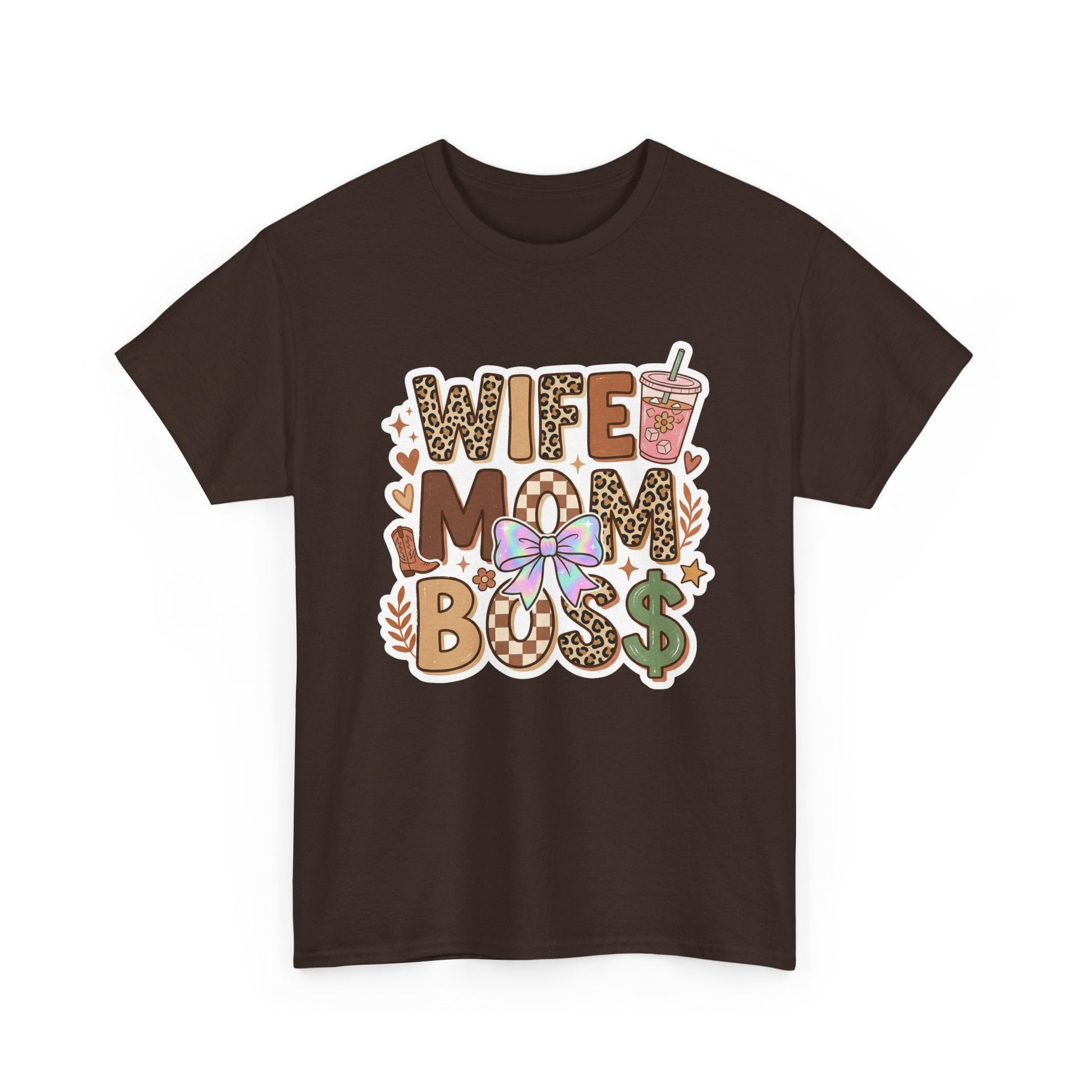 Wife Mom Boss Leopard Graphic Tee – Cute Mom Life Shirt with Bow & Coffee Printify