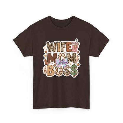 Wife Mom Boss Leopard Graphic Tee – Cute Mom Life Shirt with Bow & Coffee Printify