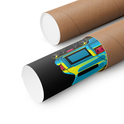 Retro Beach Vibes Matte Square Poster - Neon Car & Surfboard Design - CreativeRino